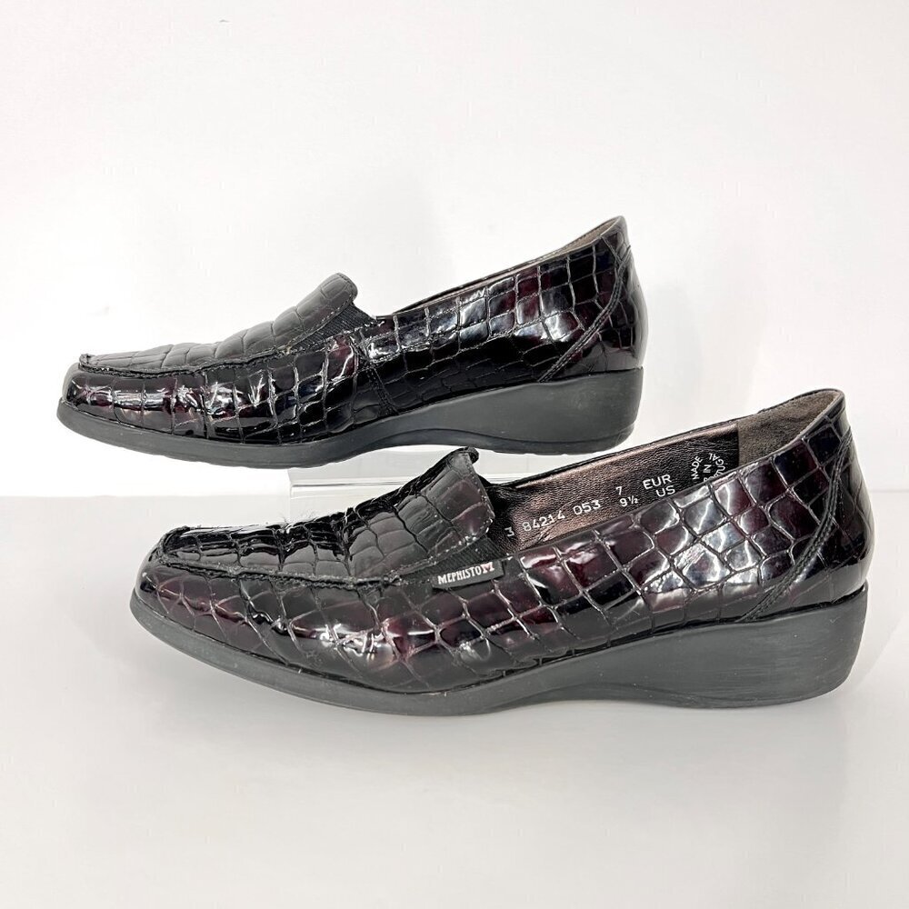 Mephisto Womens Croc Embossed Patent Leather Wedge‎ Loafers Burgundy 9.5 384214